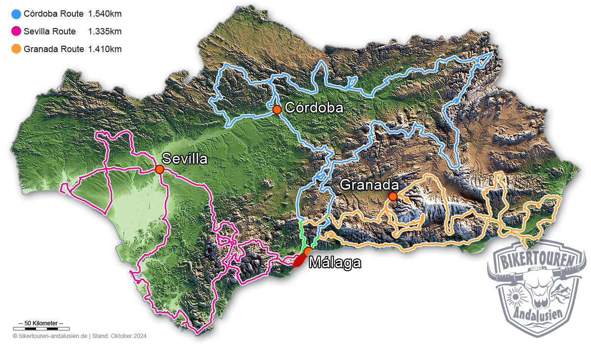 Karte der Mehrtagestouren - copyright by bikertouren-andalusien.de